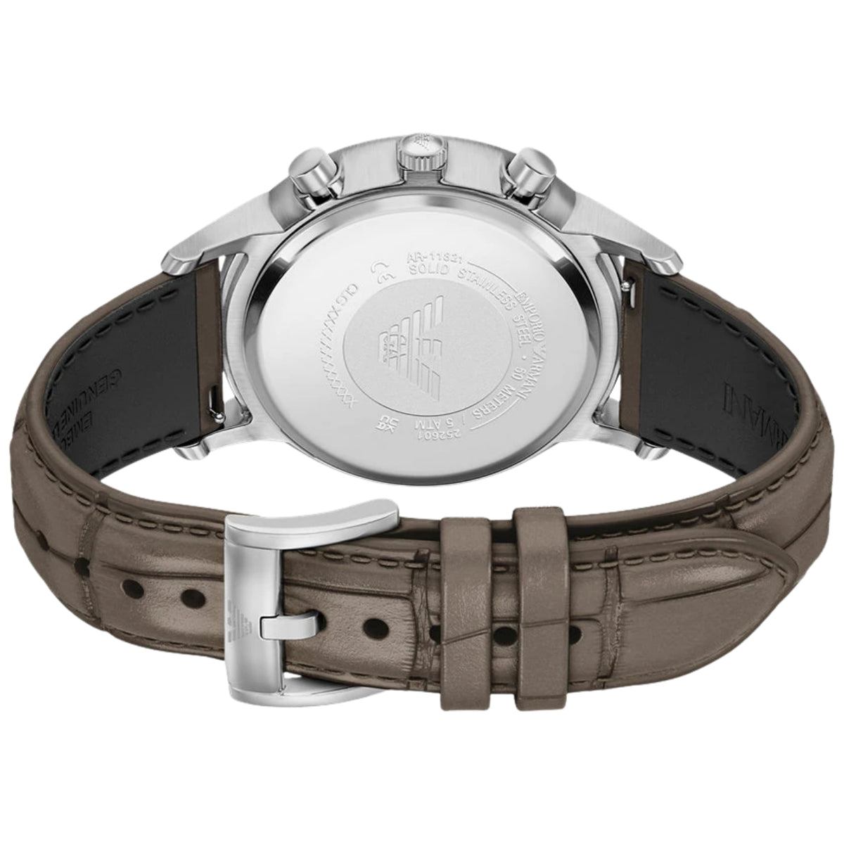 Angled rear view of the Emporio Armani Archetipo AR11821 watch showing the engraved steel case back and silver pin buckle