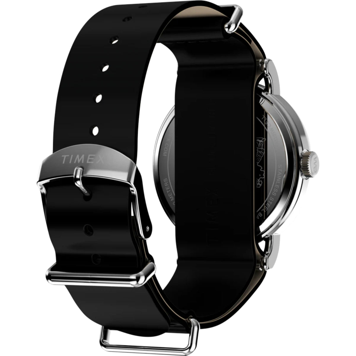 Timex quartz watch angled view showing black leather strap and steel case