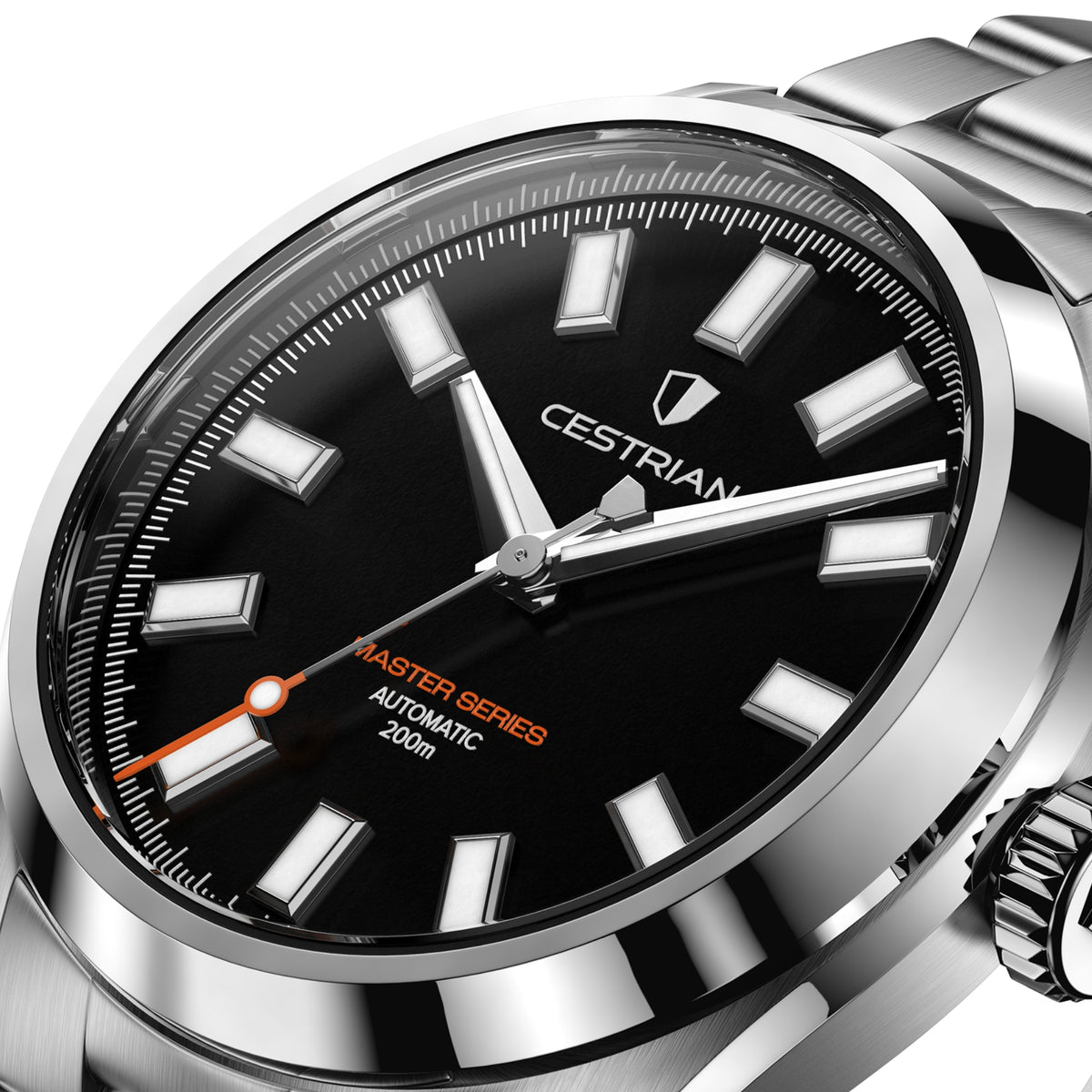 Men's automatic wristwatch with black dial, silver hour markers, and steel bracelet strap