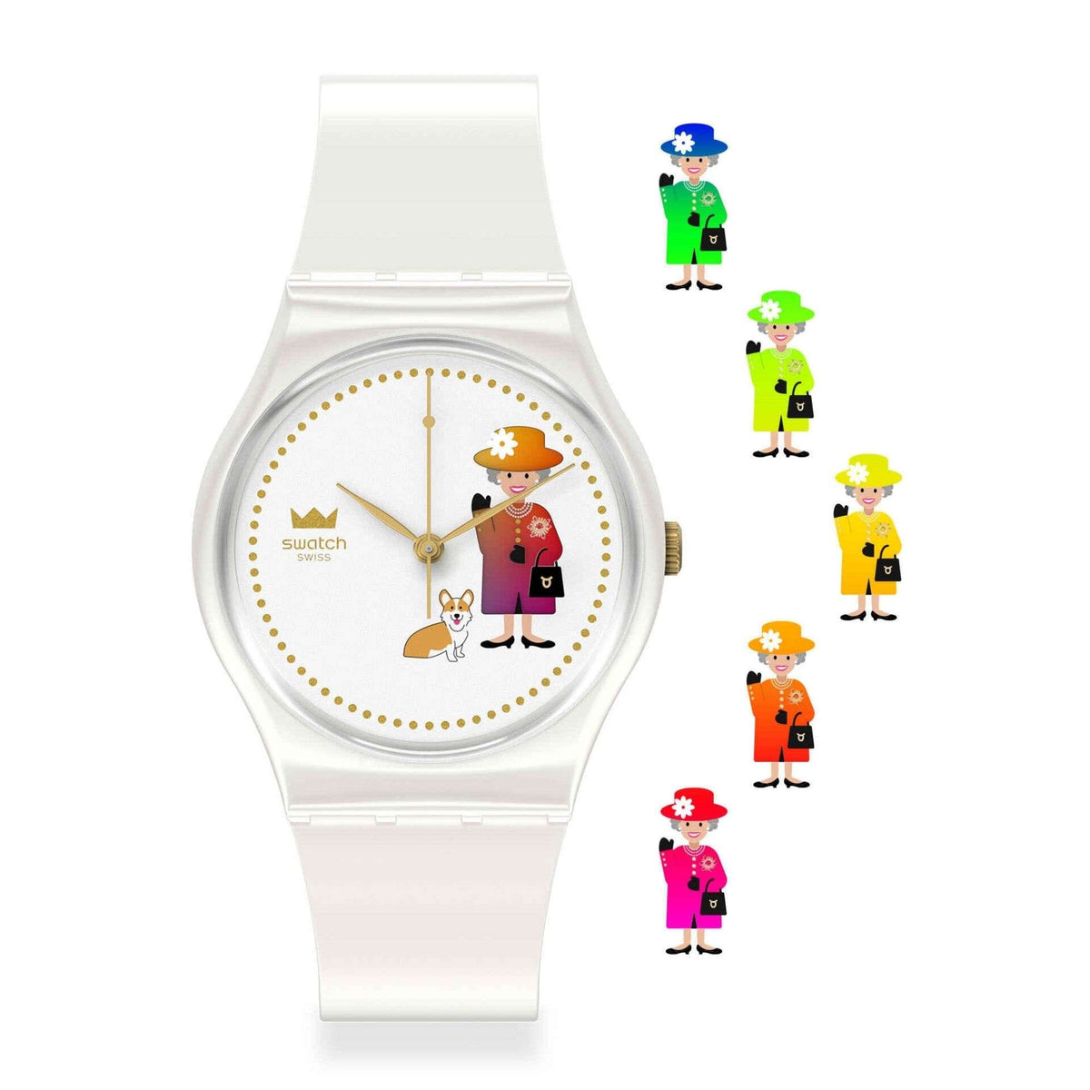 White silicone strap watch with cartoon character dial and round side crown
