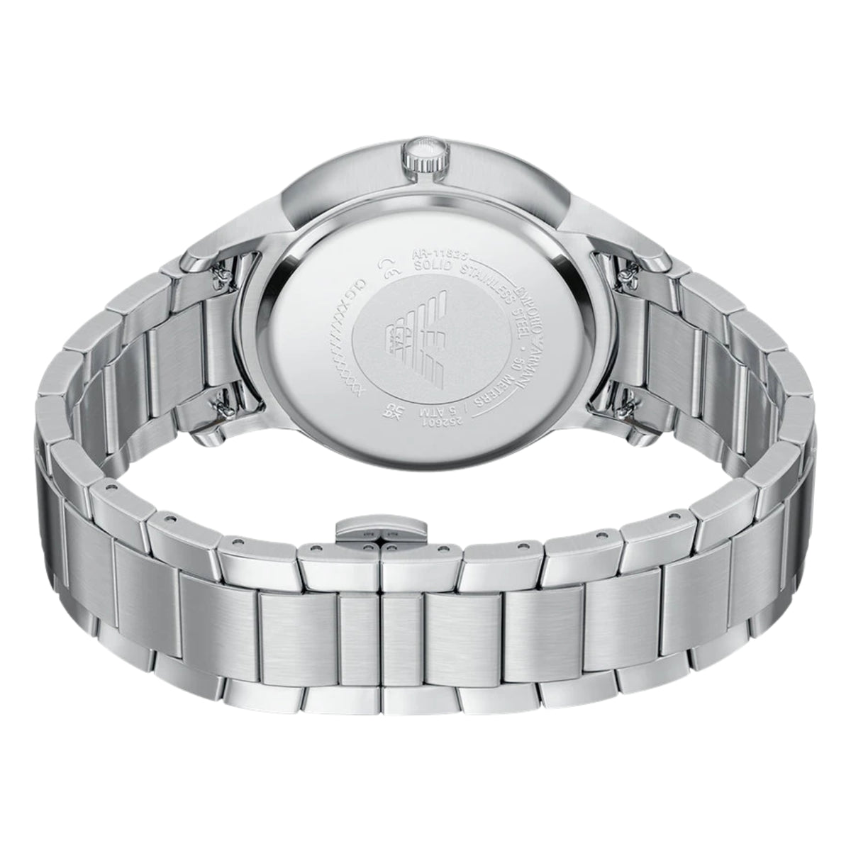 Angled rear view of the Emporio Armani Archetipo AR11825 watch showing the branded case back and steel butterfly deployment clasp