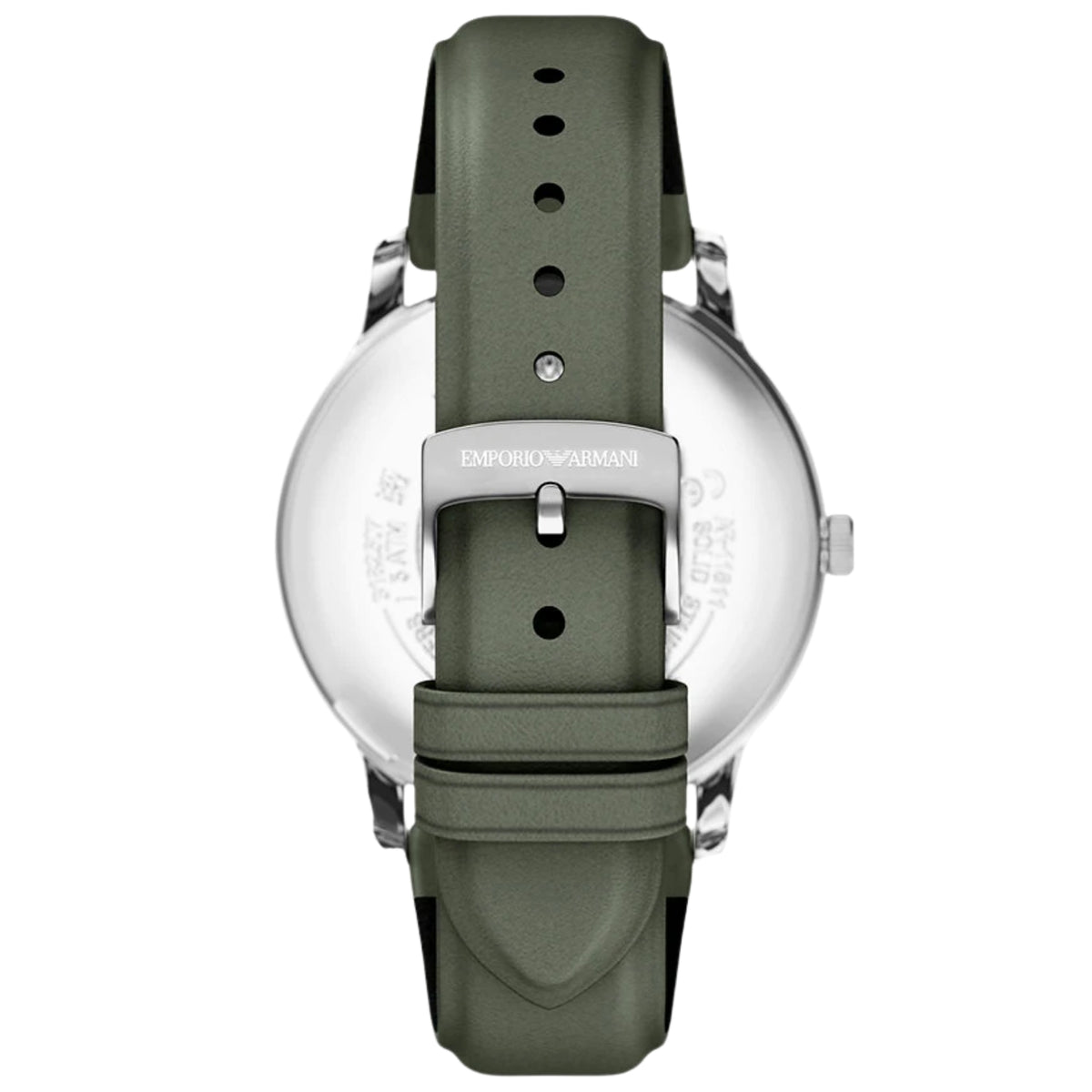 Straight back view of the Emporio Armani Minimalist AR11811 watch displaying the green leather strap, dual keepers, and silver buckle with logo engraving