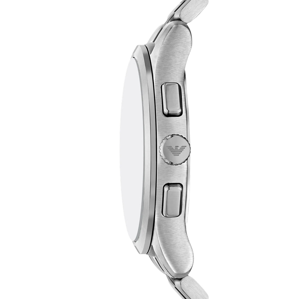 Side profile of the Emporio Armani Dario AR11728 watch highlighting the signed crown, dual chronograph pushers, and slim case silhouette