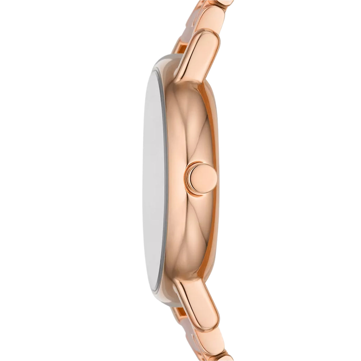 Rose gold steel watch case with crown, side profile view