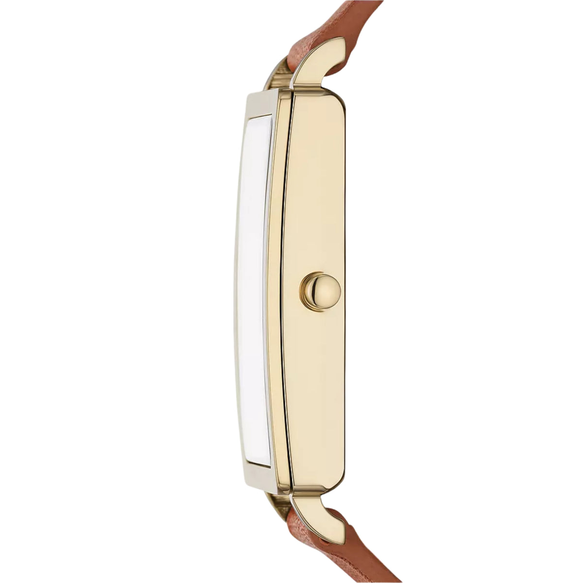 Side view of rectangular gold-tone watch case with brown leather strap and crown