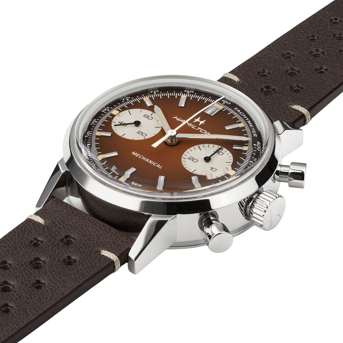 Hamilton chronograph watch detail, brown textured leather strap and brown dial with silver bezel