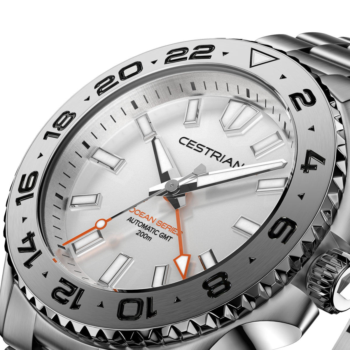Men's automatic GMT wristwatch front view with white dial and orange GMT hand
