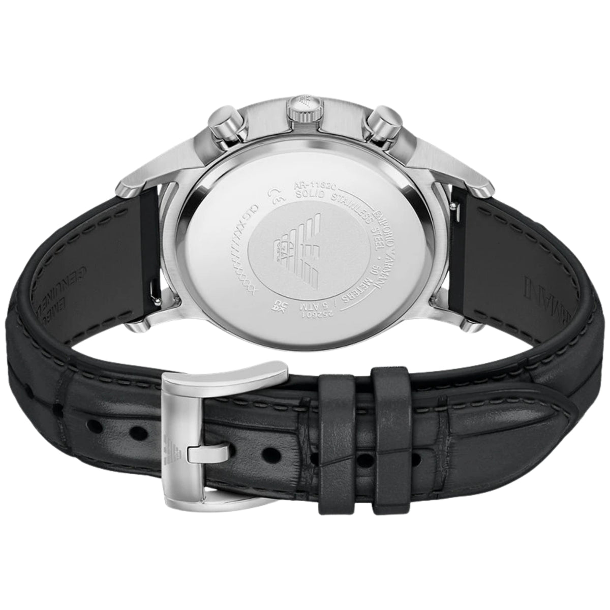 Angled rear view of the Emporio Armani Archetipo AR11820 watch showing the solid steel case back engraved with the logo
