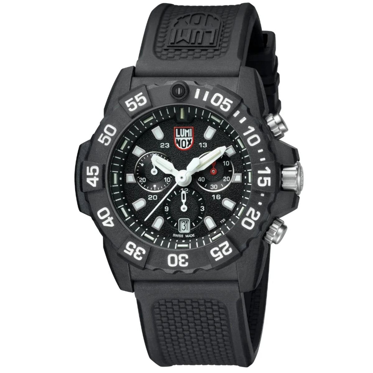 Black Luminox chronograph watch, black dial with silver subdials and textured rubber strap