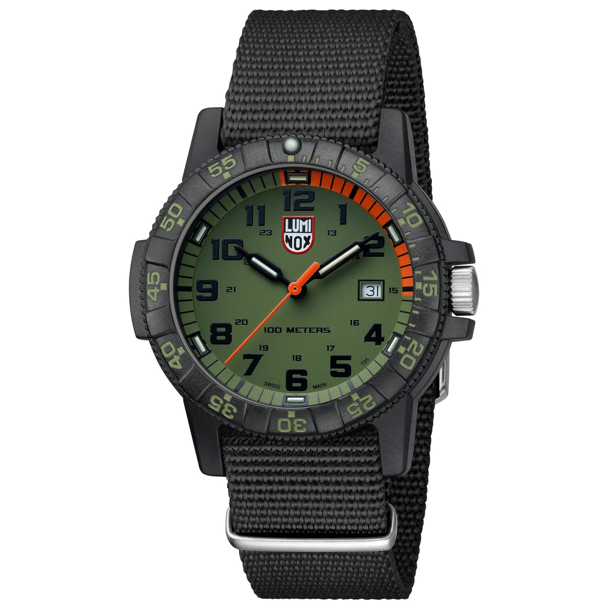 Quartz watch with green dial, orange bezel accents, and black fabric strap