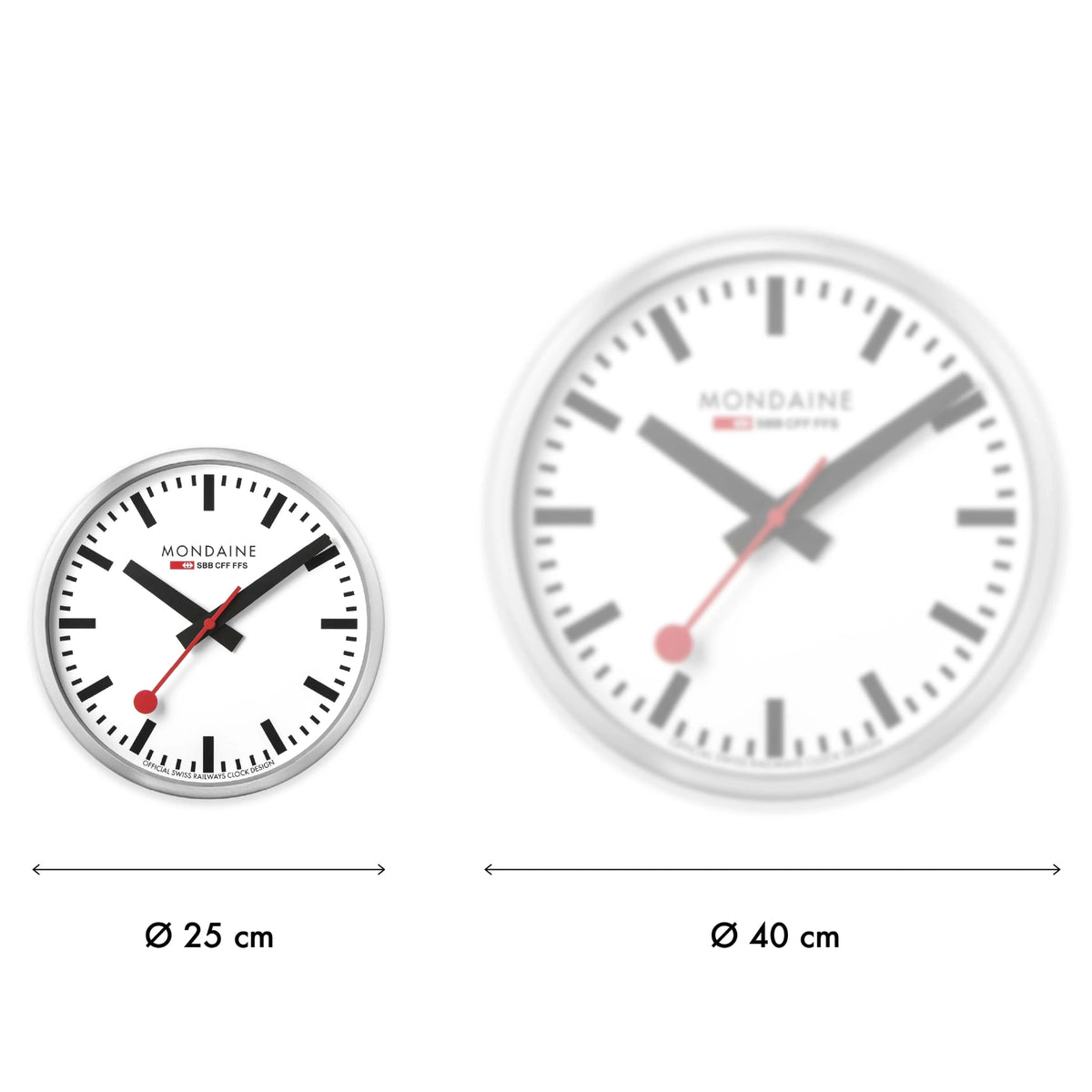 Mondaine white wall clock with silver case shown in 25 cm and 40 cm sizes