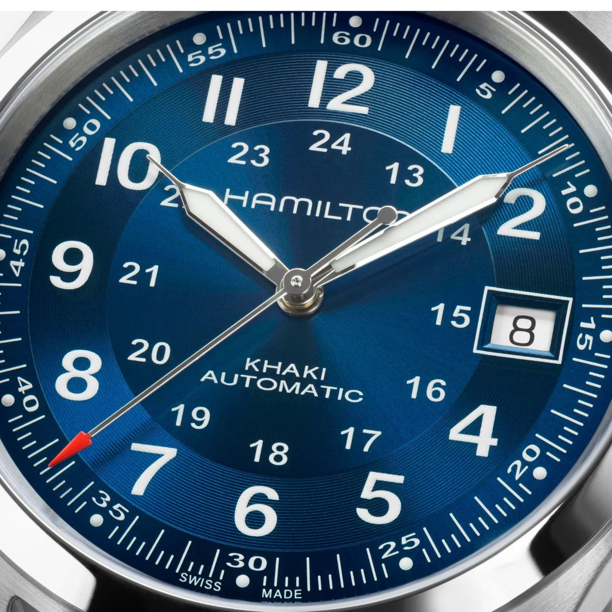 Hamilton Khaki Field H70455140 navy blue sunray dial with 24-hour scale close-up