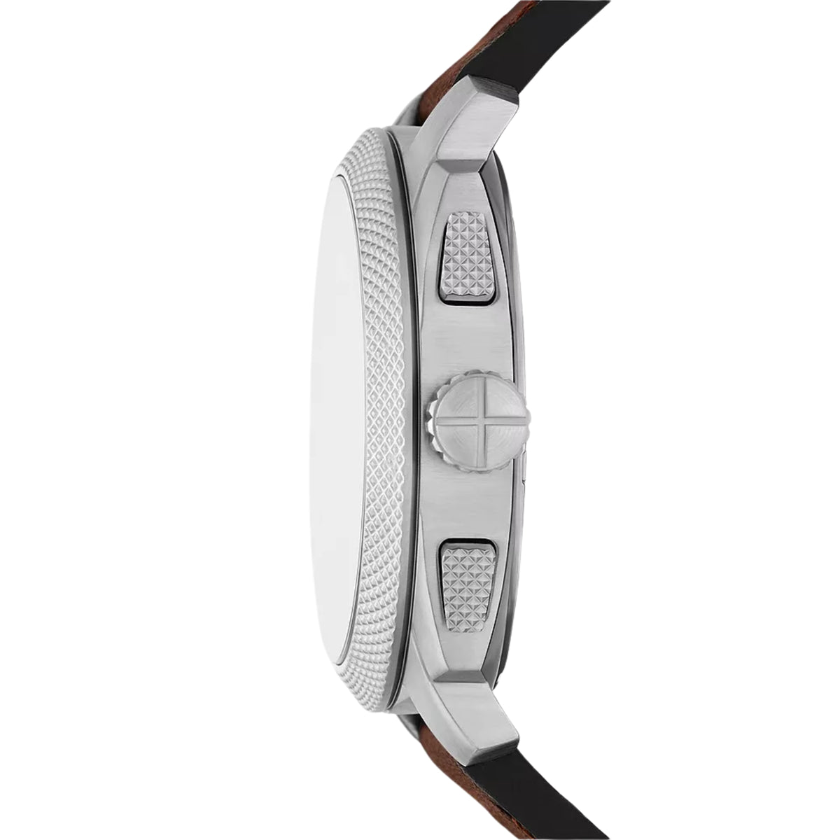 Side profile view of the Fossil Machine FS6100 timepiece showcasing the textured stainless steel case, knurled crown, and push buttons