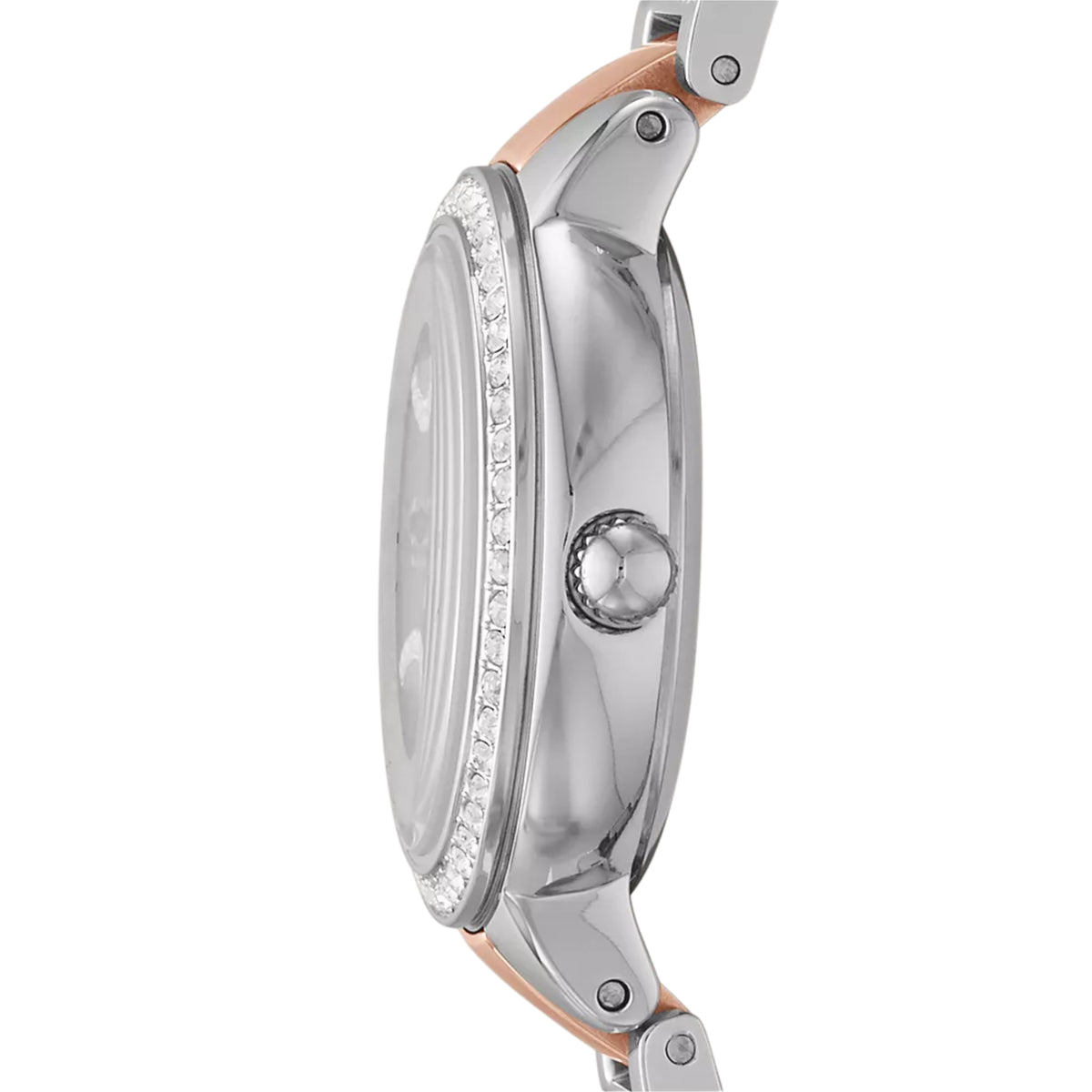 Fossil Virginia ES3405 side profile showing crystal-set bezel ring with smooth crown and steel case