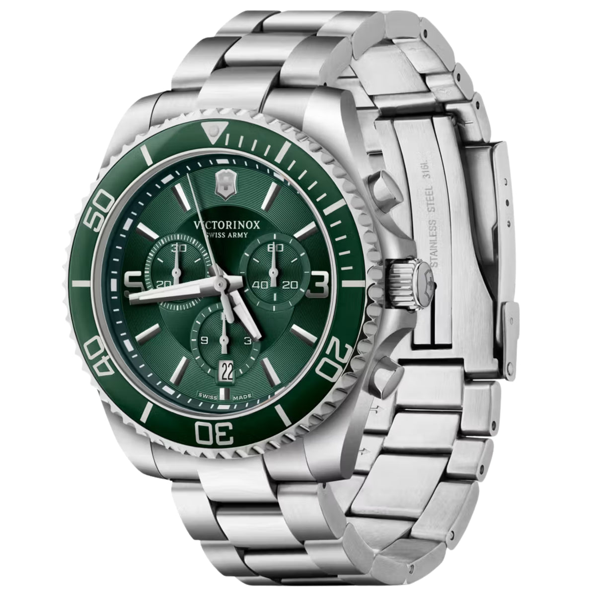 Men's green dial chronograph quartz watch with stainless steel bracelet and bezel