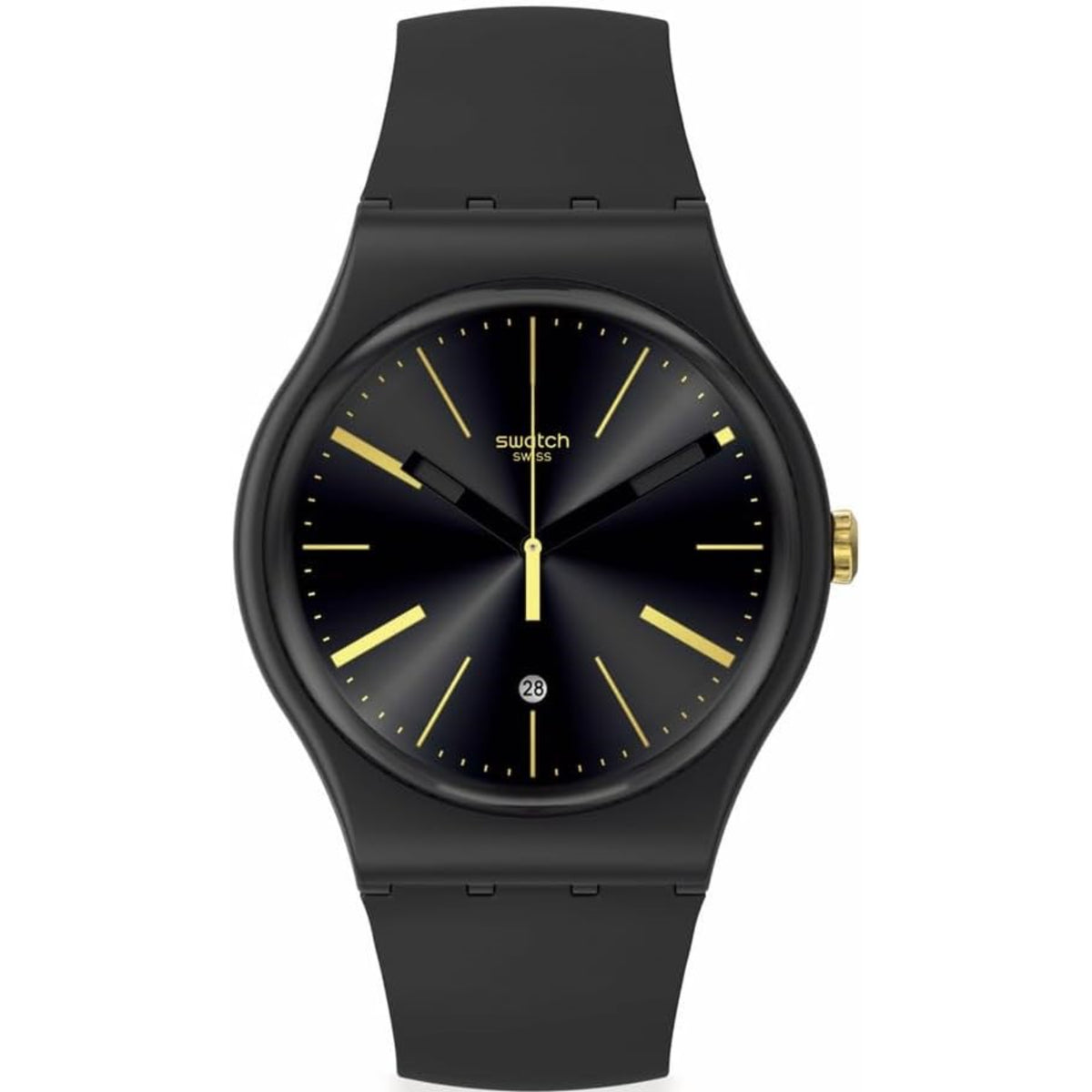 Black silicone strap unisex watch with dark dial, gold markers and hands