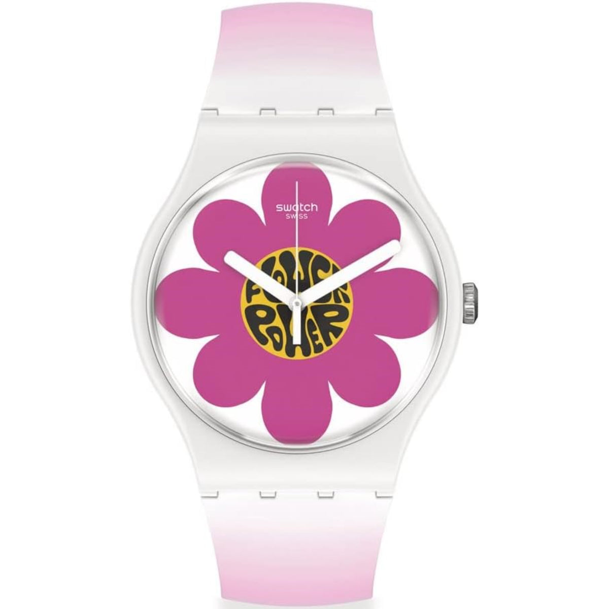Pink and white silicone strap wristwatch with purple flower graphic multicolor dial