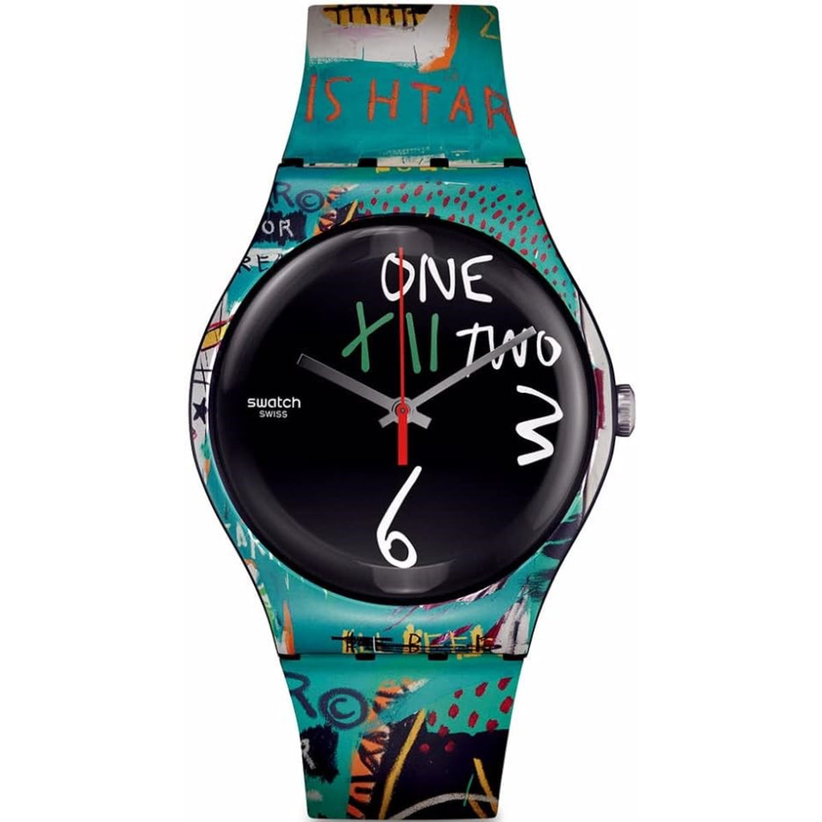 Black dial quartz wristwatch with multicolor teal graphic strap and red second hand