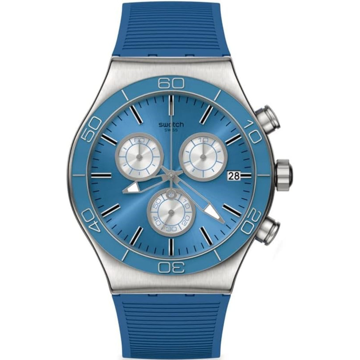 Blue dial chronograph-style watch with silver case, blue silicone strap, subdials and date window