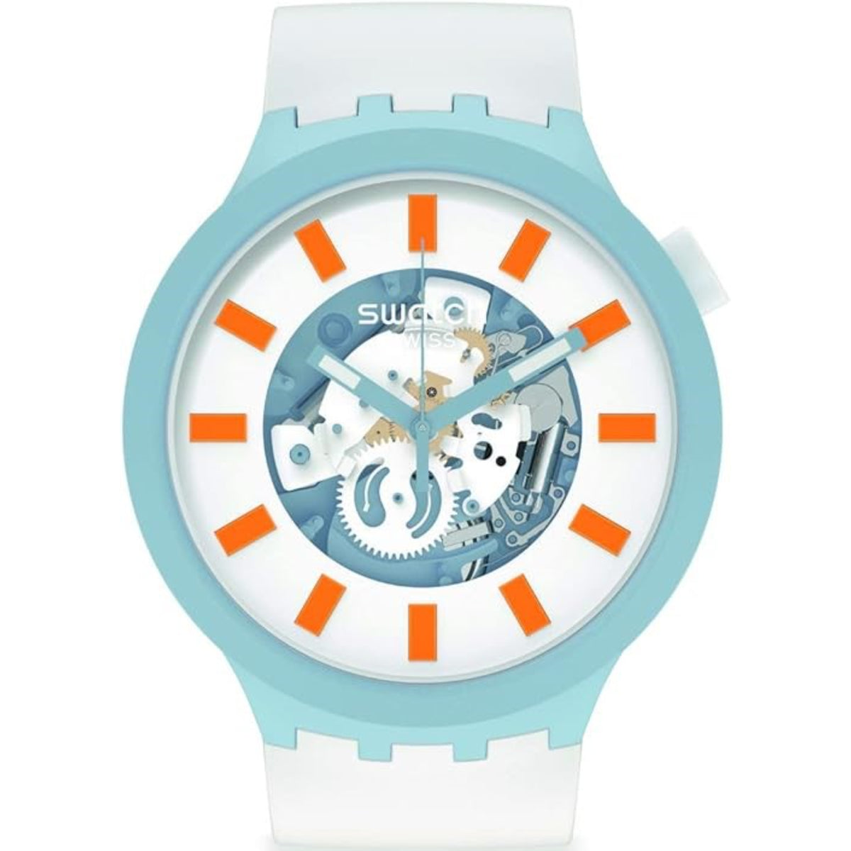 Light blue and white skeleton watch with orange hour markers and white silicone strap