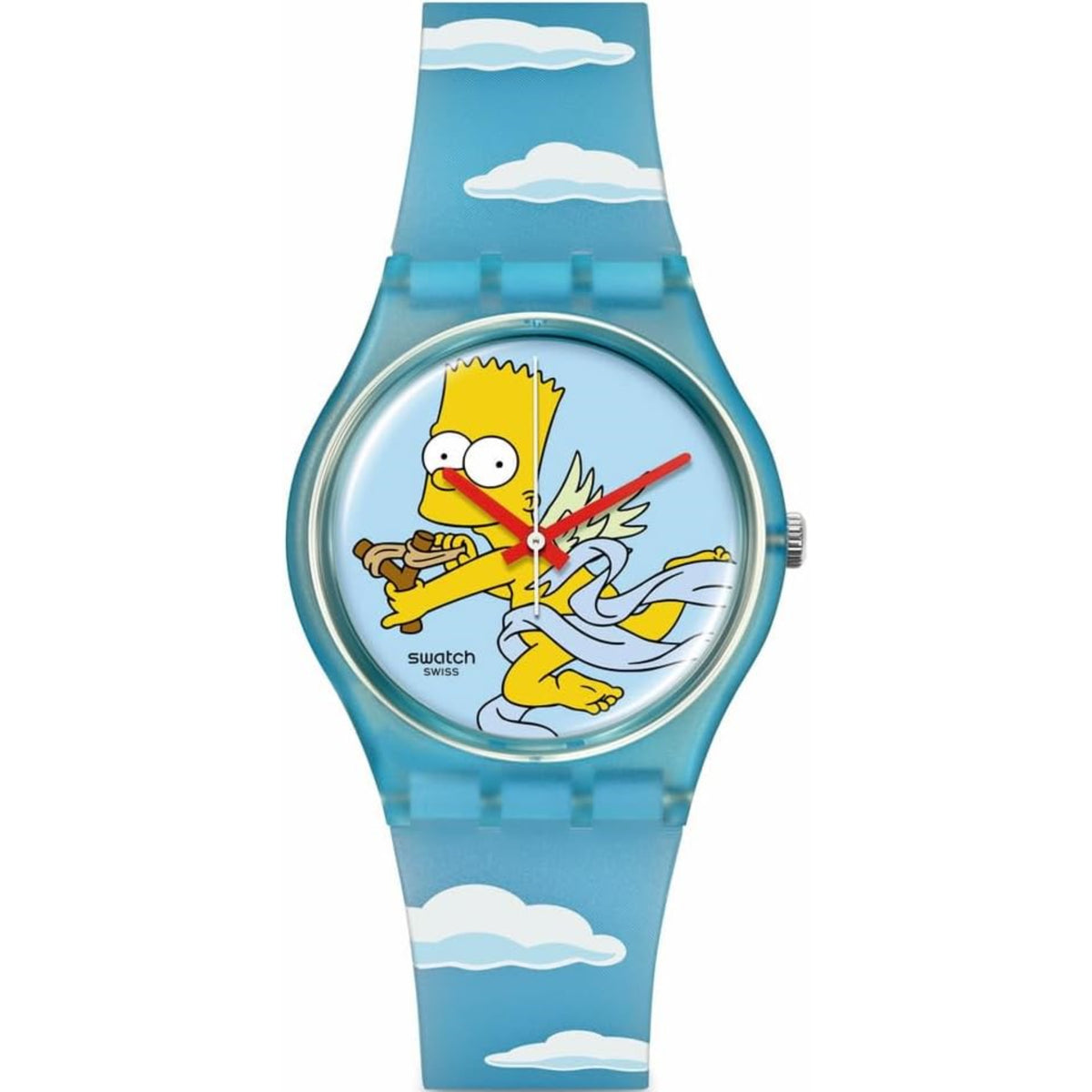 Blue silicone wristwatch with Bart Simpson dial, red second hand, and cloud-pattern strap