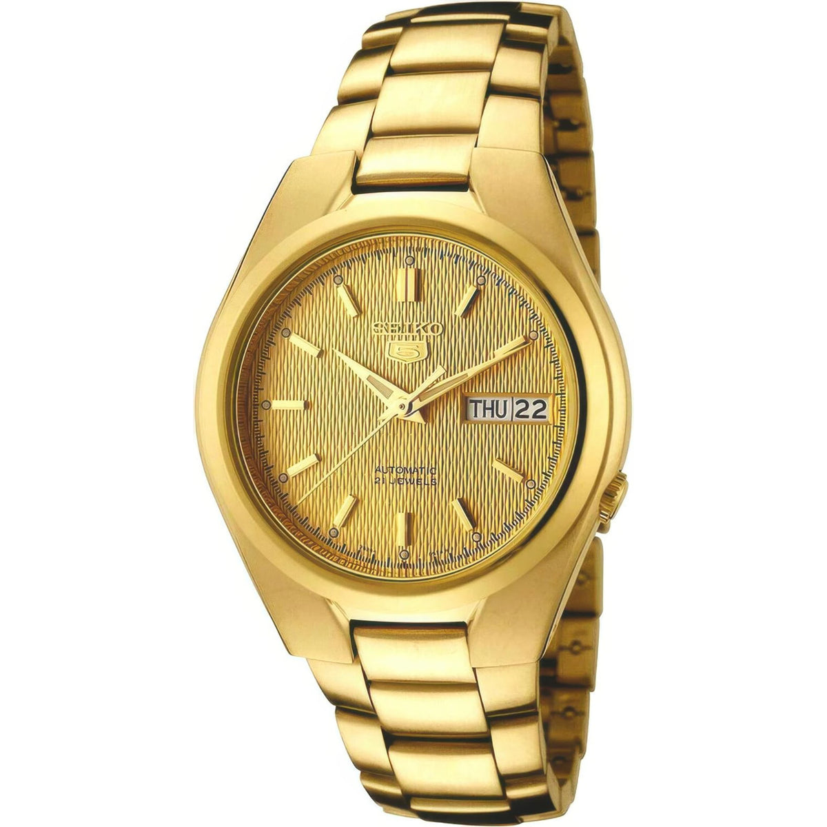 Seiko gold-tone automatic wristwatch with textured gold dial and THU 22 window