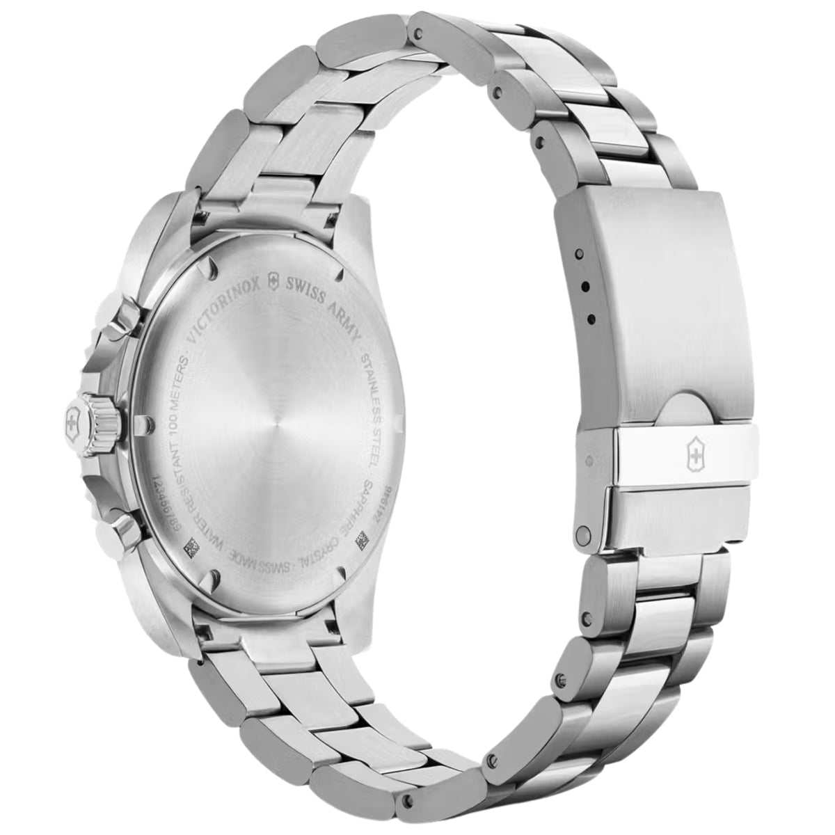 Men's stainless steel chronograph quartz watch, case back view with link bracelet clasp