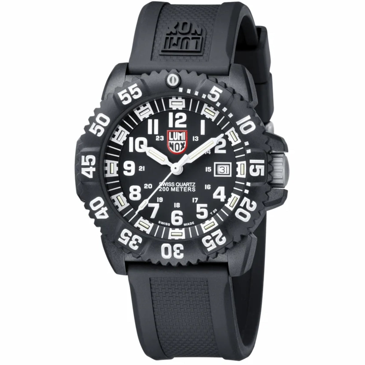 Black Luminox quartz watch with textured black rubber strap and numbered bezel