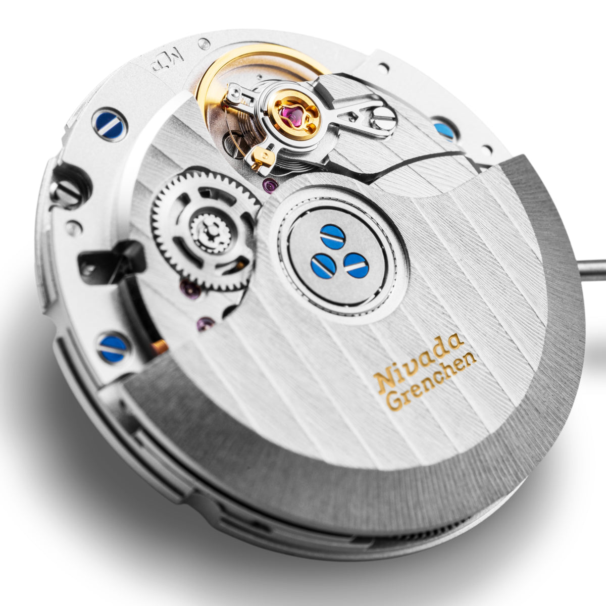 Nivada Grenchen F77 MK2 68054A77-DR view of unmounted automatic caliber with branded rotor and balance wheel