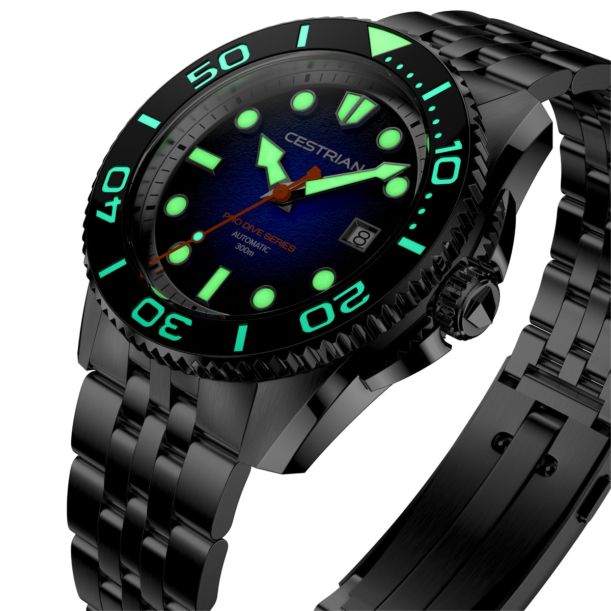 Men's dive watch with black case, green-accented dial, and metal link bracelet.