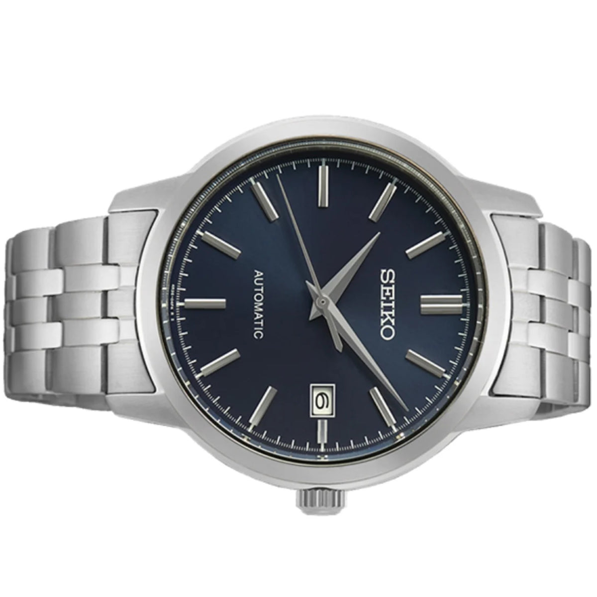 Seiko Essentials SRPH87K1 automatic blue dial watch studio shot