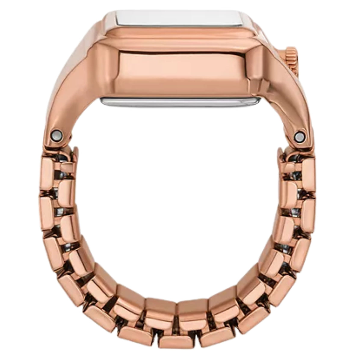 Fossil Raquel ES5345 side profile view of flexible steel expansion ring band and smooth case back
