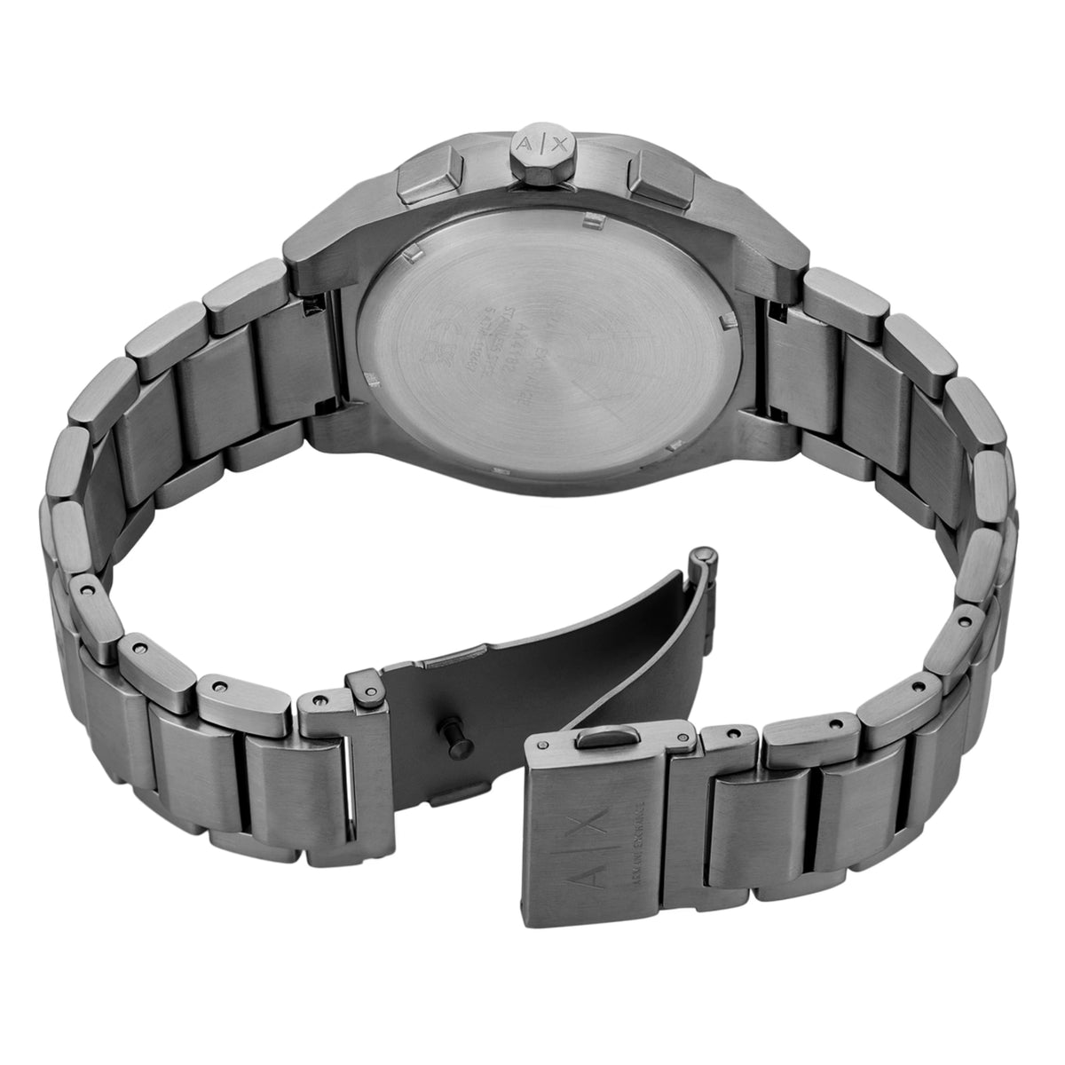 Armani Exchange Sync AX4182 stainless steel case back with engraved details and deployment clasp