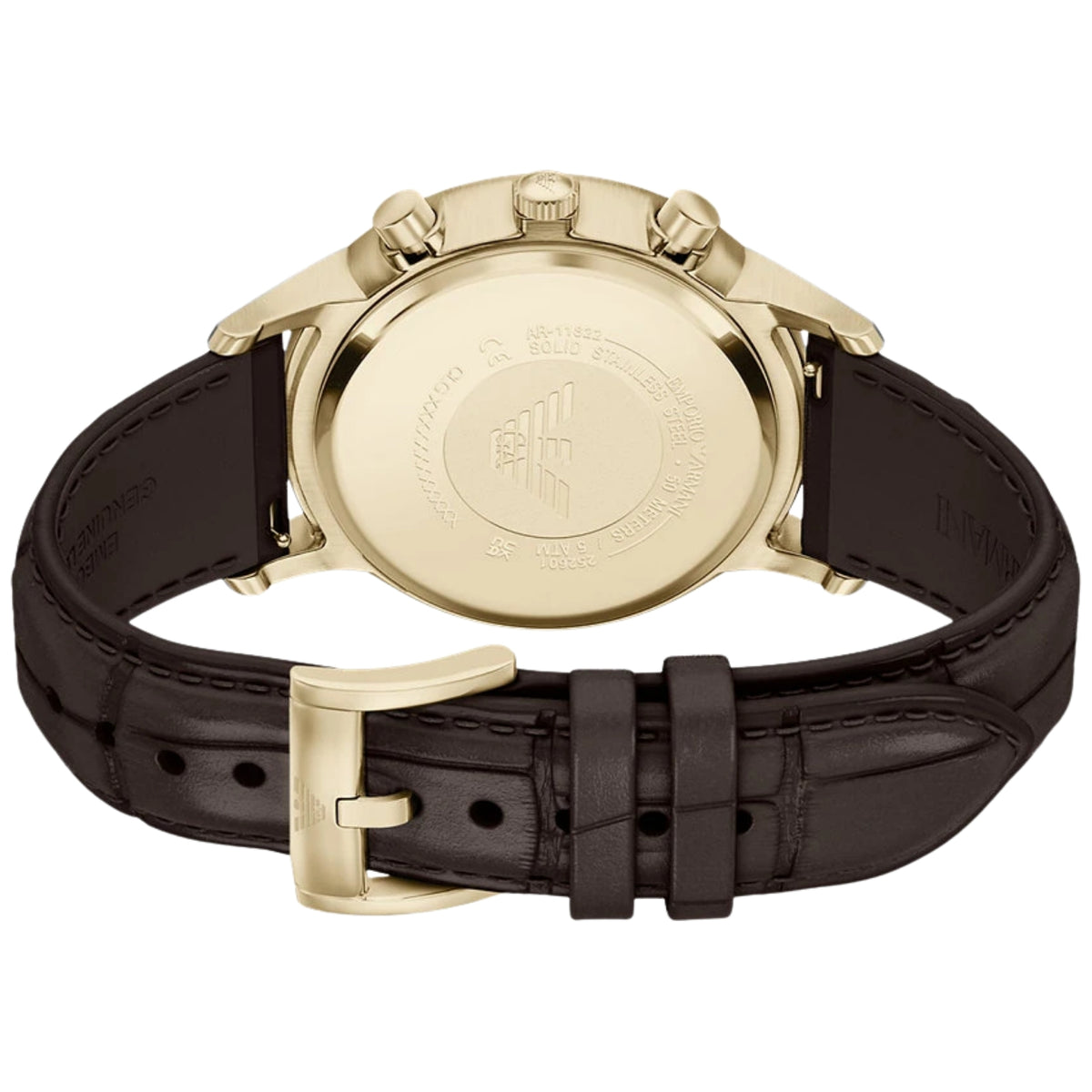 Angled rear view of the Emporio Armani Archetipo AR11822 watch showing the engraved steel case back, gold-tone pin buckle, and leather strap