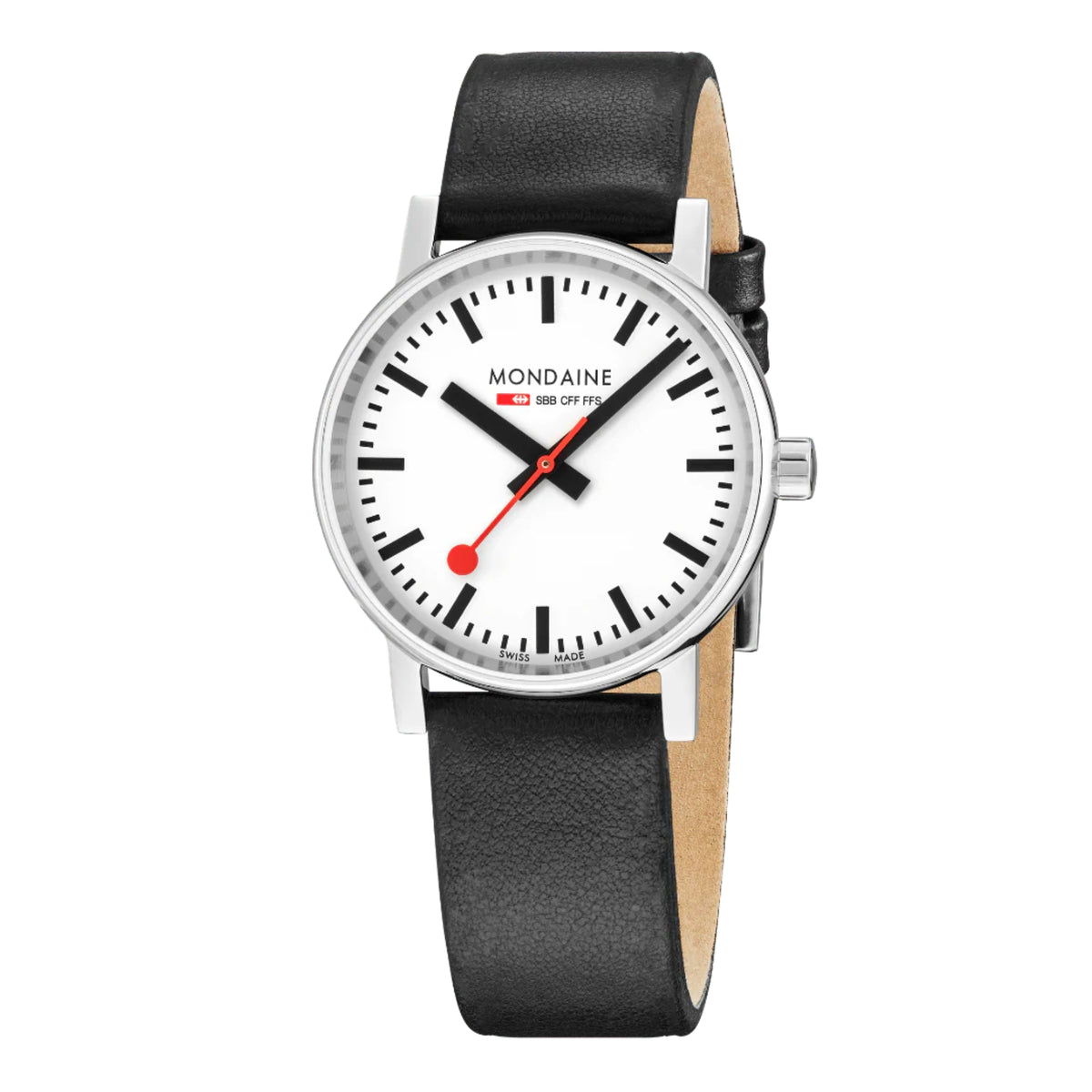 Angle view of Mondaine Evo2 MSE.35110.LBV 35mm quartz watch with polished steel case and black vegan leather strap