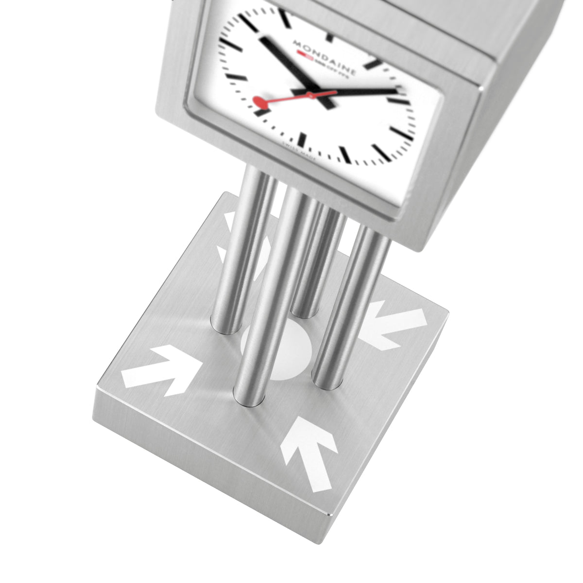 Square aluminum table clock base with silver pillars and white time dial visible