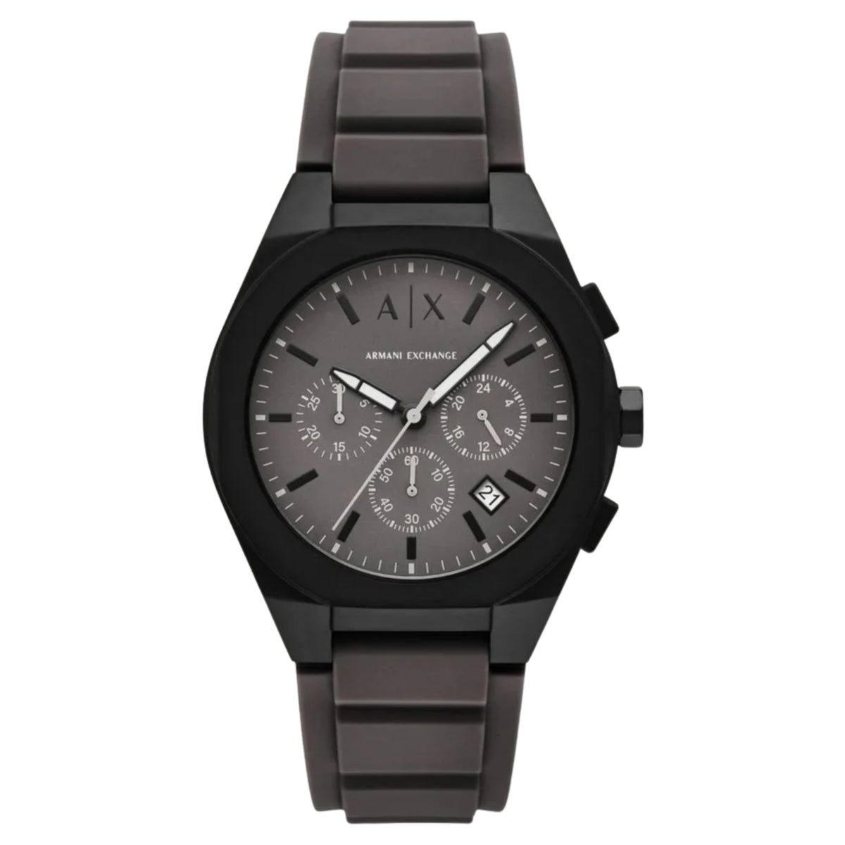 Men's chronograph quartz watch with dark dial, three subdials, and dark bezel