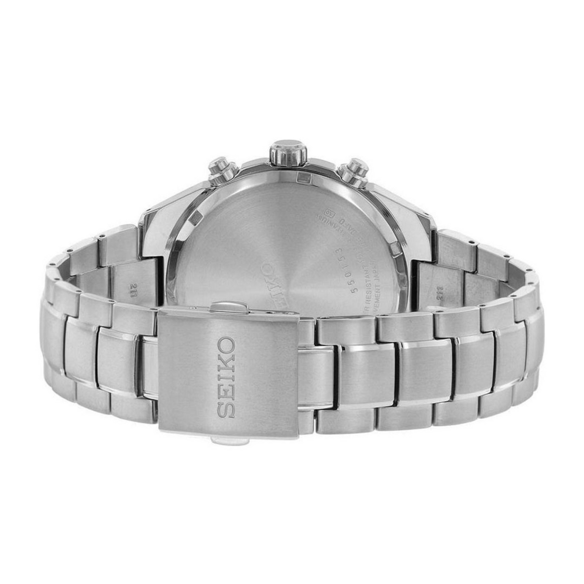 Steel watch caseback view with SEIKO logo on clasp, linked bracelet