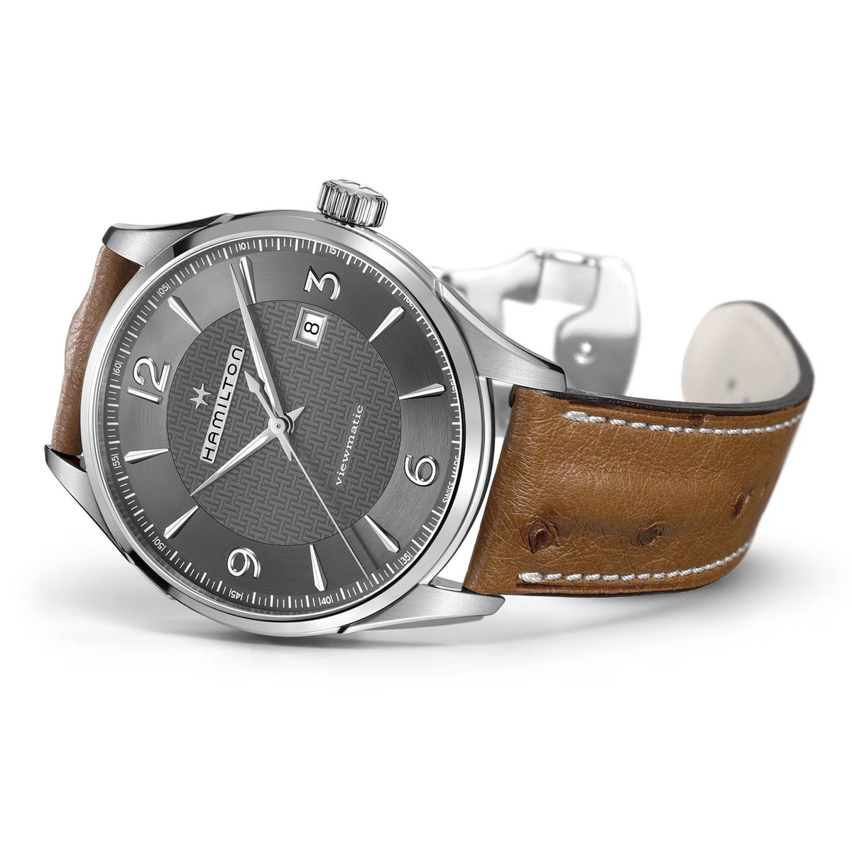 Men's automatic watch front view with brown leather strap and stainless steel bezel