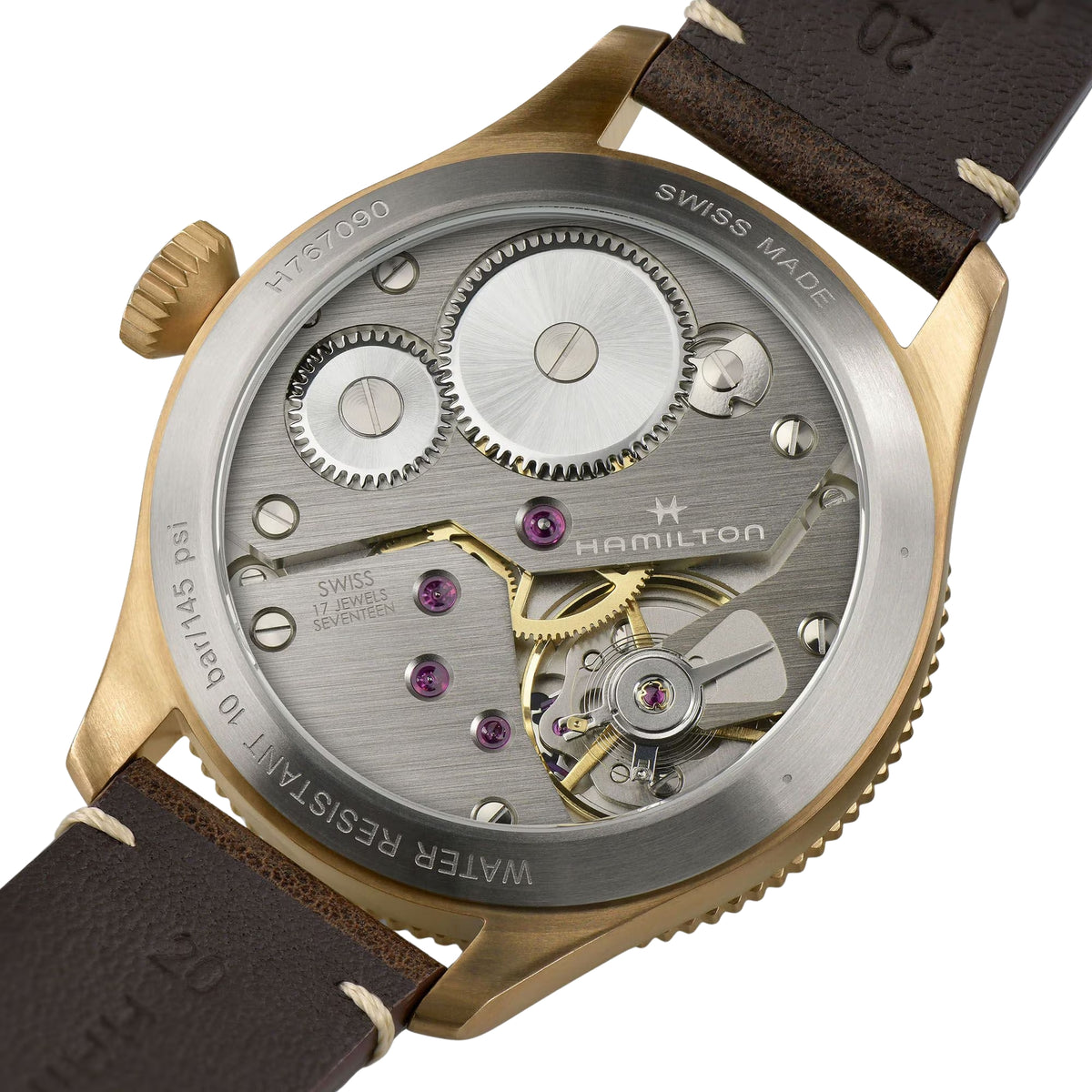 Hamilton H76709510 see-through caseback revealing ETA 6498-1 hand-wound mechanical movement