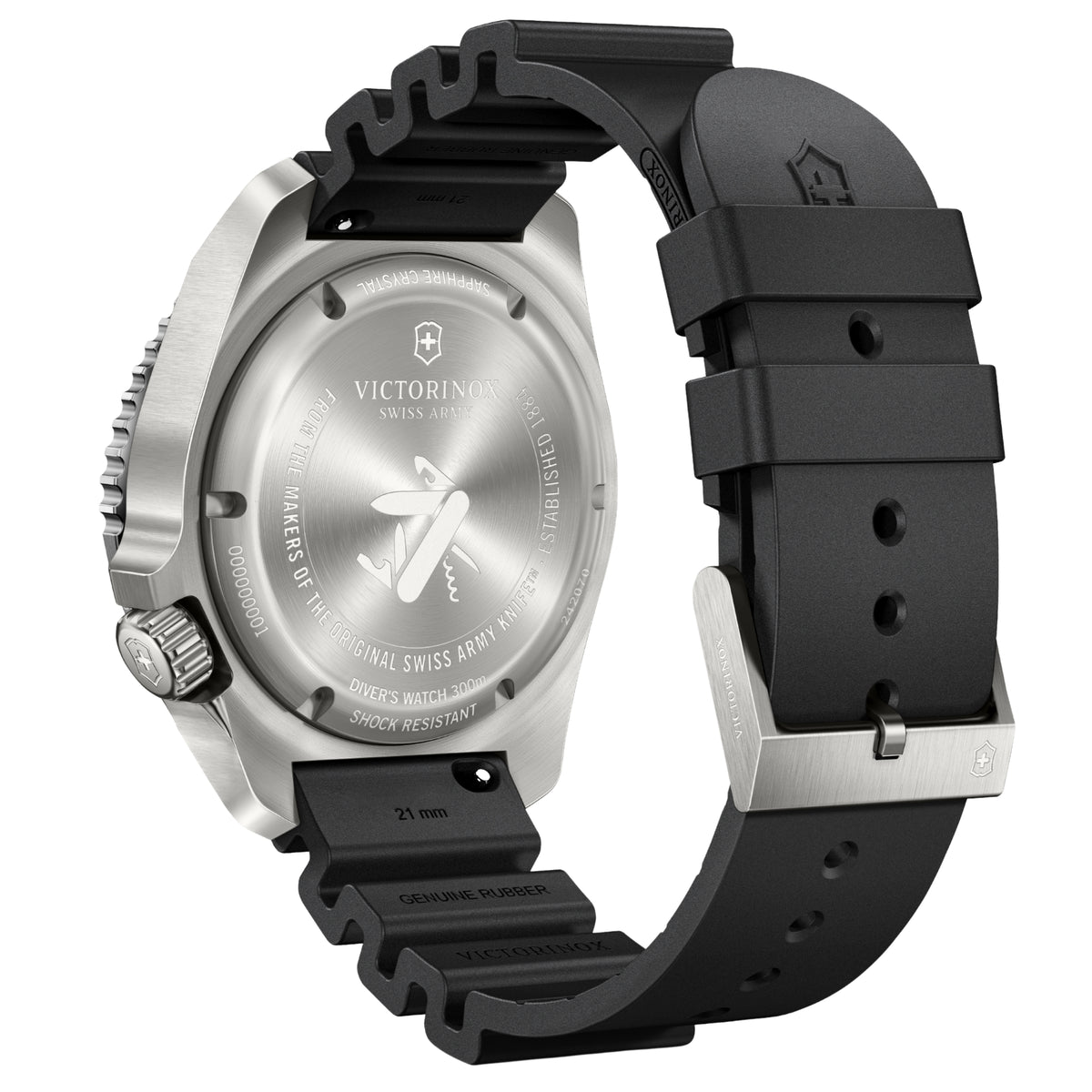 Stainless case back of men's automatic diving watch with black rubber strap
