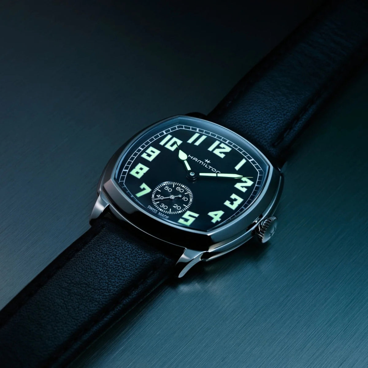 Hamilton American Classic Cushion Mechanical 34mm Black Dial Leather Mens Manual-Wind Watch H36129730