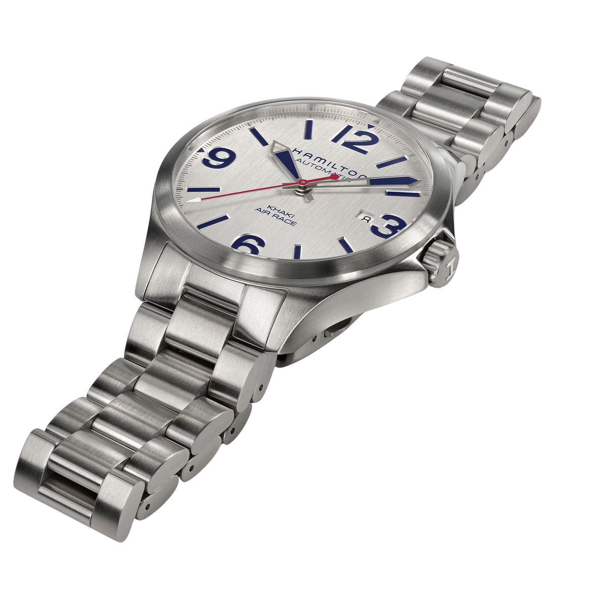 Men's stainless steel wristwatch with white dial, blue numbers, red accent hands