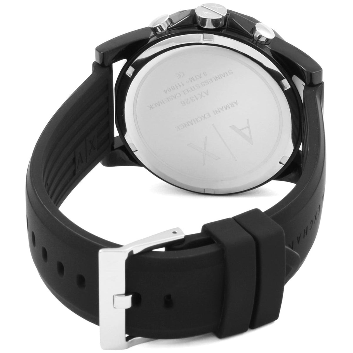 Men's Armani Exchange watch back with black rubber band and silver caseback