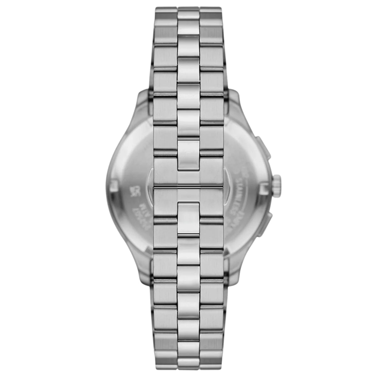 Back view of the Emporio Armani Dario AR11728 detailing the solid steel case back and integrated bracelet links