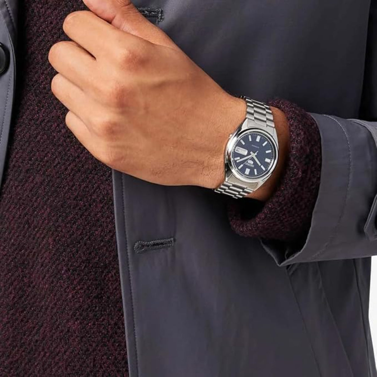 Seiko 5 Classic SNXS77K1 blue dial on-wrist lifestyle view