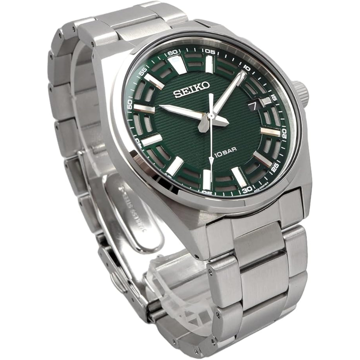 Three-quarter studio view of the Seiko Essentials SUR503P1 watch mounted on a transparent display stand