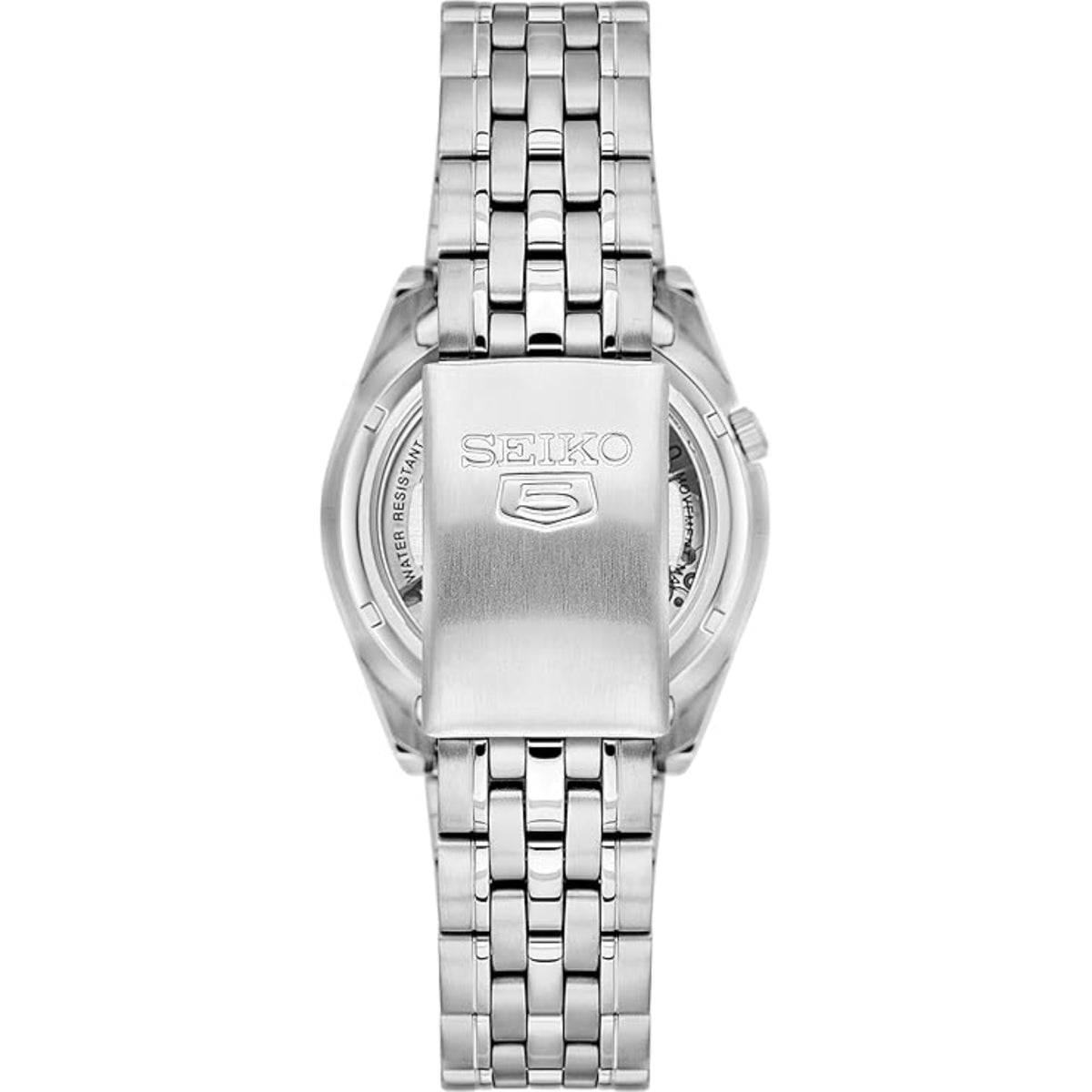 Seiko 5 SNK375K1 automatic wristwatch caseback view with silver-tone steel bracelet and Seiko marking