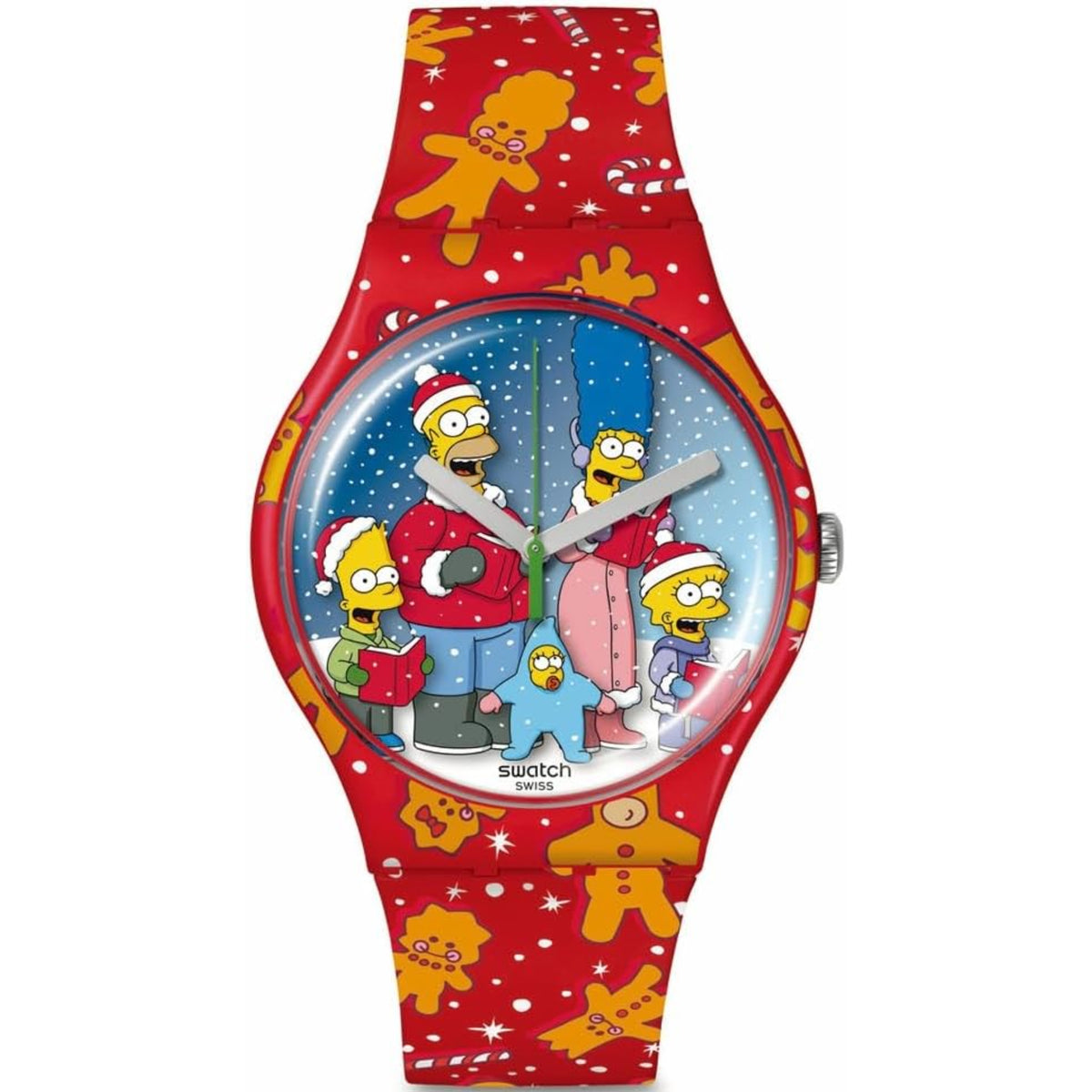 Red silicone unisex watch featuring Simpsons winter scene dial and three gray hands