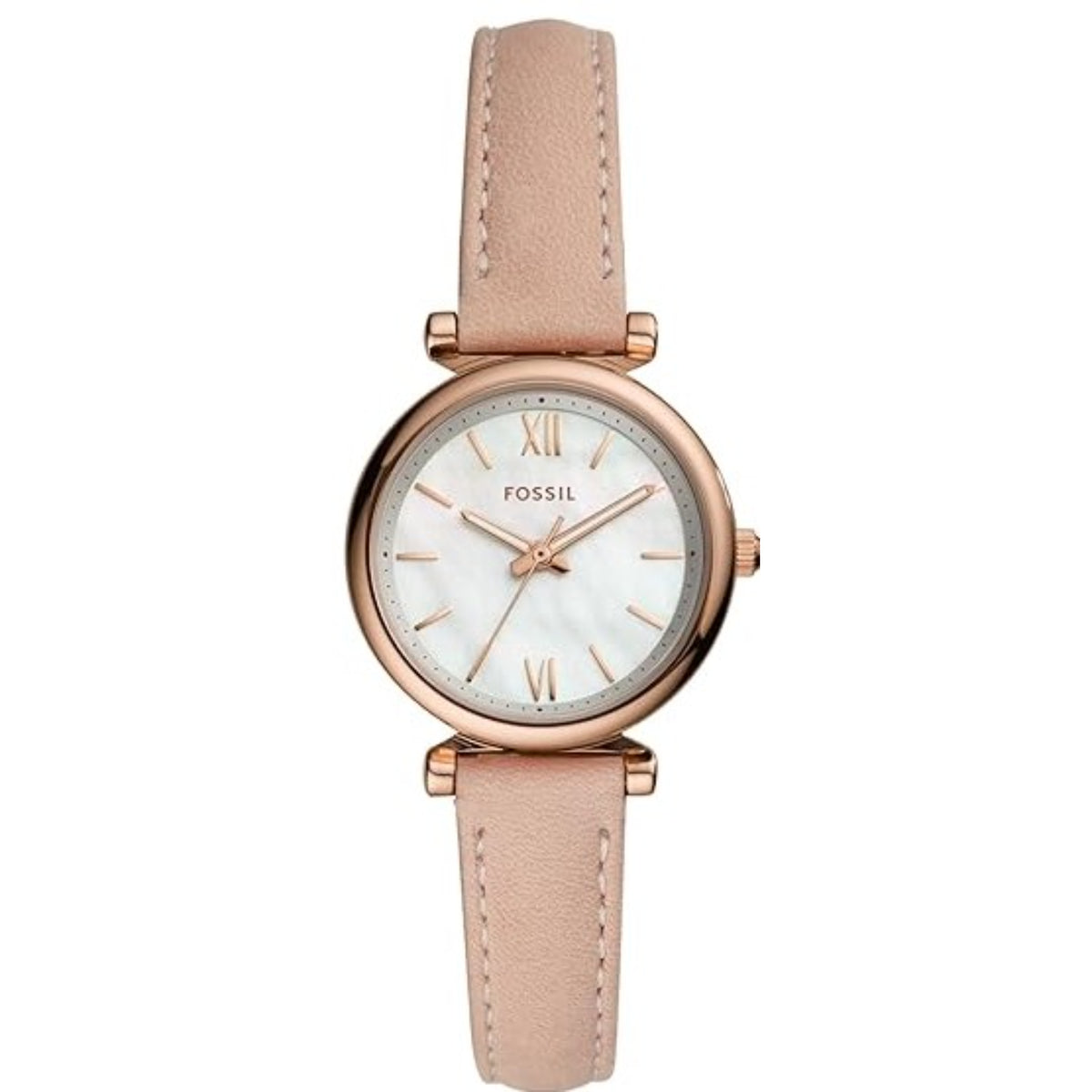 Fossil Carlie ES4699 front view showing white mother of pearl dial with leather strap